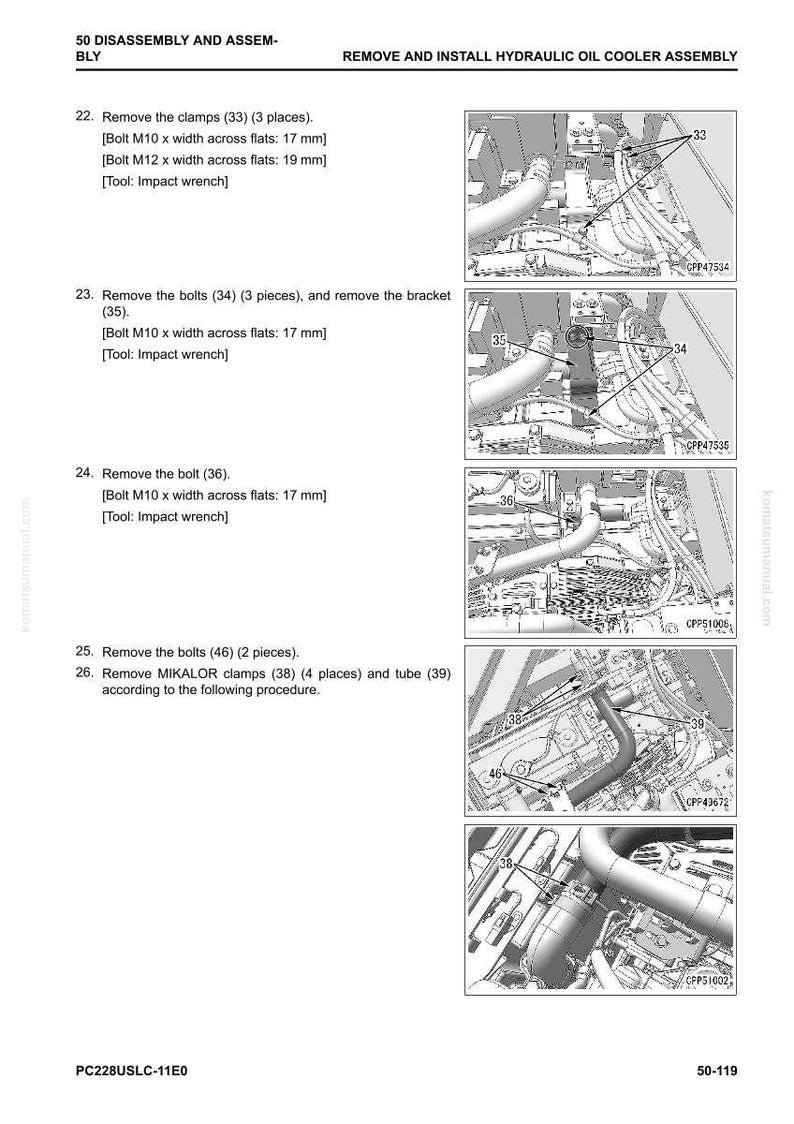 May include: Diagram of hydraulic oil cooler assembly with numbered steps for disassembly and reassembly. Includes images of components, bolts, clamps, and tubes. Text instructions detail the removal of bolts and clamps, specifying sizes in millimeters.