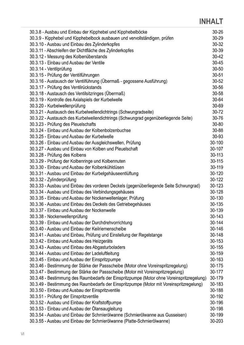 May include: A detailed table of contents in German, listing various engine repair procedures. The document includes sections on cylinder heads, valves, crankshafts, and fuel systems. The page numbers are listed on the right.