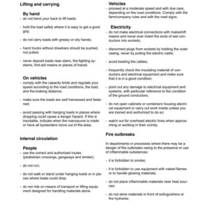 Puede incluir: P&aacute;gina de un manual de seguridad titulado "Working in Safety". El documento describe pautas para levantar, veh&iacute;culos, electricidad y seguridad contra incendios. El texto incluye instrucciones sobre el manejo de cargas, el funcionamiento de veh&iacute;culos, la seguridad el&eacute;ctrica y las medidas de prevenci&oacute;n de incendios.