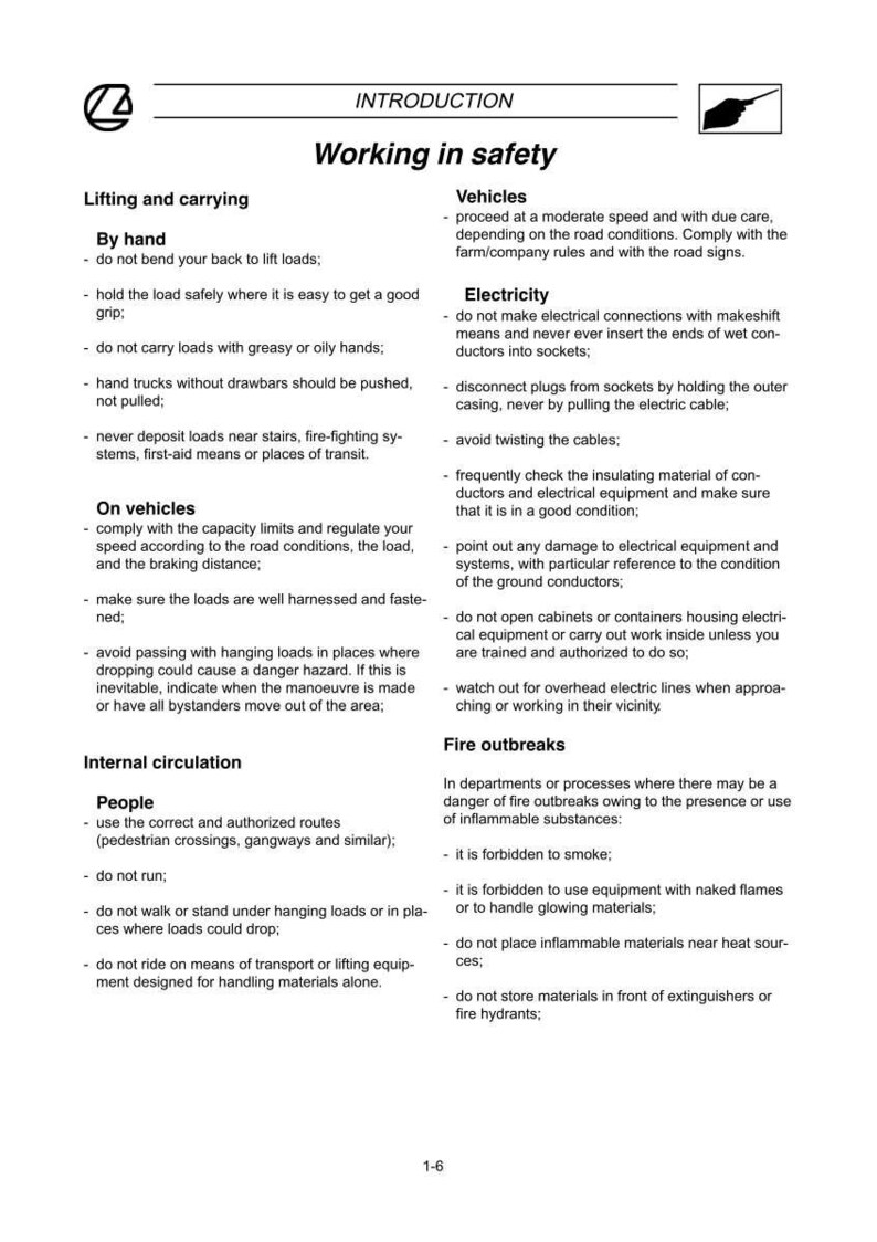 Puede incluir: P&aacute;gina de un manual de seguridad titulado "Working in Safety". El documento describe pautas para levantar, veh&iacute;culos, electricidad y seguridad contra incendios. El texto incluye instrucciones sobre el manejo de cargas, el funcionamiento de veh&iacute;culos, la seguridad el&eacute;ctrica y las medidas de prevenci&oacute;n de incendios.