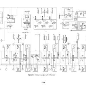Peut inclure: Un sch&eacute;ma d&eacute;taill&eacute; en noir et blanc d'un syst&egrave;me hydraulique g&eacute;n&eacute;ral. Le diagramme comprend divers symboles, lignes et &eacute;tiquettes, avec le texte "CQ222453-UN: General Hydraulic Schematic" en bas. Le nombre "1204" est &eacute;galement pr&eacute;sent.