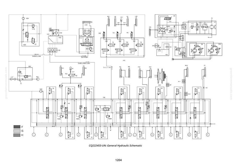 Peut inclure: Un sch&eacute;ma d&eacute;taill&eacute; en noir et blanc d'un syst&egrave;me hydraulique g&eacute;n&eacute;ral. Le diagramme comprend divers symboles, lignes et &eacute;tiquettes, avec le texte "CQ222453-UN: General Hydraulic Schematic" en bas. Le nombre "1204" est &eacute;galement pr&eacute;sent.