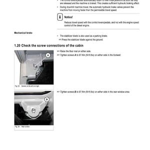 May include: Page from a Wacker Neuson operation manual detailing brake systems and screw connections. Includes diagrams of screw locations and instructions to tighten screws A and B to 87 Nm (64 ft.lbs).