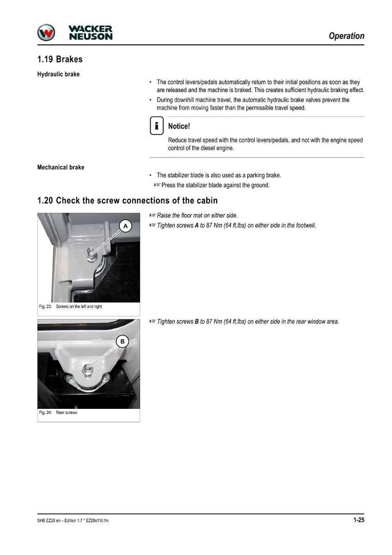 May include: Page from a Wacker Neuson operation manual detailing brake systems and screw connections. Includes diagrams of screw locations and instructions to tighten screws A and B to 87 Nm (64 ft.lbs).