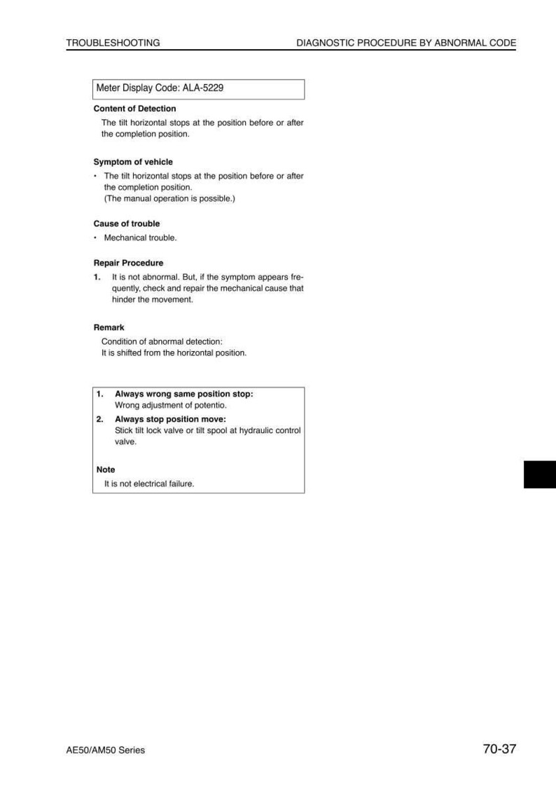 May include: A page from a manual titled "Troubleshooting" with diagnostic information. The text includes "Meter Display Code: ALA-5229", "Symptom of vehicle", "Cause of trouble", and "Repair Procedure". The page number is 70-37.