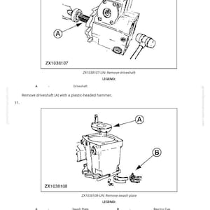 May include: Technical diagram showing mechanical components with labels and instructions. Includes a driveshaft, swash plate, and bearing cups. The diagram also shows a plastic-headed hammer.
