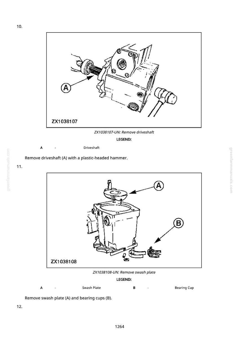 May include: Technical diagram showing mechanical components with labels and instructions. Includes a driveshaft, swash plate, and bearing cups. The diagram also shows a plastic-headed hammer.