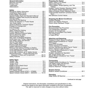 May include: A manual's table of contents, listing safety, operation, and maintenance topics. The pages are white with black text, including headings like "Safety Signs" and "Fire Prevention."