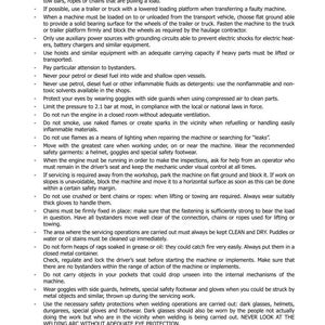 May include: A page from a manual titled "SECTION 100 - GENERAL INFORMATION." The text provides safety guidelines for machinery operation, including fuel handling, towing, and maintenance. It also includes warnings about fire hazards and eye protection.