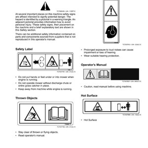 May include: A page from an operator's manual displaying safety labels and warnings. The labels include symbols for loud noises, hot surfaces, and thrown objects, with instructions to read the manual and avoid hazards.
