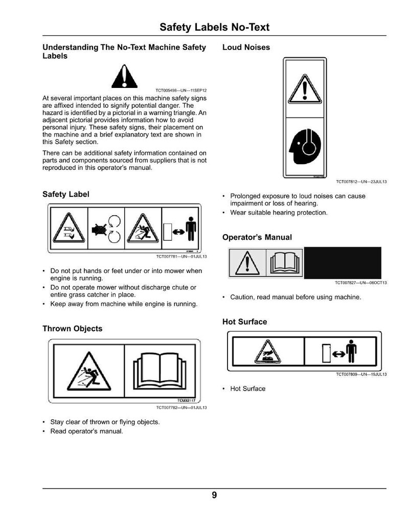 May include: A page from an operator's manual displaying safety labels and warnings. The labels include symbols for loud noises, hot surfaces, and thrown objects, with instructions to read the manual and avoid hazards.
