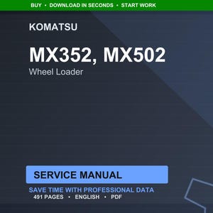 Puede incluir: Manual de servicio digital para cargadoras de ruedas Komatsu MX352 y MX502. La portada presenta el logotipo de Komatsu y los n&uacute;meros de modelo en texto blanco sobre un fondo azul oscuro. Las palabras "Service Manual" est&aacute;n en un rect&aacute;ngulo azul.