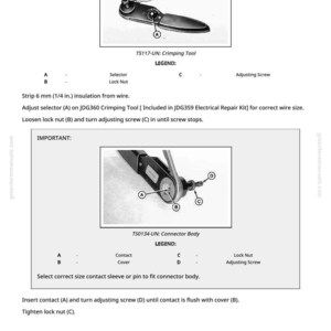 May include: Diagram of a crimping tool and connector body with labels. The text includes instructions for stripping wire, adjusting the selector, and tightening lock nuts. Measurements are in inches.