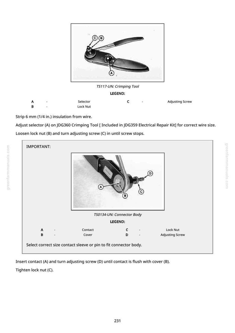 May include: Diagram of a crimping tool and connector body with labels. The text includes instructions for stripping wire, adjusting the selector, and tightening lock nuts. Measurements are in inches.