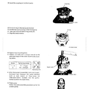 May include: Assembly diagram for a pump, showing various components and labels. The diagram includes illustrations of the pump's parts, such as the coupling, O-ring, and mounting bolts, with tightening torque specifications in kgm.