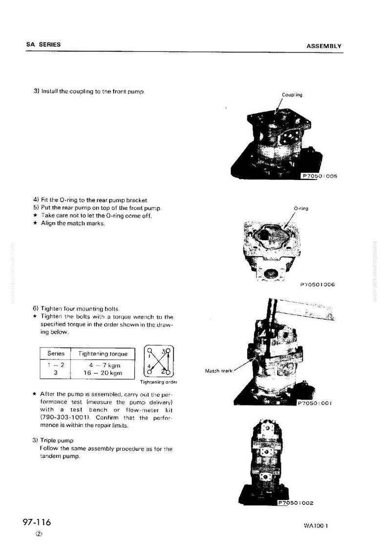 May include: Assembly diagram for a pump, showing various components and labels. The diagram includes illustrations of the pump's parts, such as the coupling, O-ring, and mounting bolts, with tightening torque specifications in kgm.