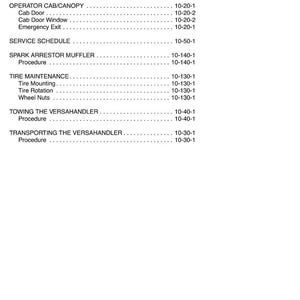 May include: A page from a service manual titled "SAFETY AND MAINTENANCE (CONT'D)". The page lists maintenance topics such as lubrication, operator cab/canopy, service schedule, spark arrestor muffler, tire maintenance, towing, and transporting.