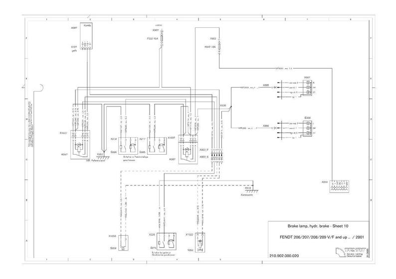 May include: A detailed schematic diagram of a vehicle's brake lamp and hydraulic brake system. The diagram is labeled "Brake lamp, hydr. brake - Sheet 10" and includes the text "FENDT 206/207/208/209 V/F and up / 2001".