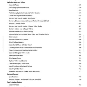 Puede incluir: Una p&aacute;gina del manual greenfarmmanuals.com, que enumera los procedimientos de reparaci&oacute;n de autom&oacute;viles. El texto incluye secciones sobre culatas, v&aacute;lvulas y sistemas de inyecci&oacute;n de combustible, con n&uacute;meros de p&aacute;gina.