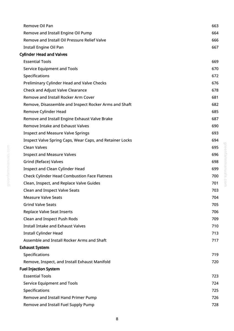 Puede incluir: Una p&aacute;gina del manual greenfarmmanuals.com, que enumera los procedimientos de reparaci&oacute;n de autom&oacute;viles. El texto incluye secciones sobre culatas, v&aacute;lvulas y sistemas de inyecci&oacute;n de combustible, con n&uacute;meros de p&aacute;gina.