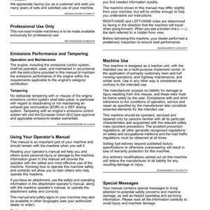 May include: A John Deere operator's manual, featuring the title "Introduction" at the top. The manual provides information on machine use, emissions, and safety. Text includes "Thank You for Purchasing a John Deere Product" and "Professional Use Only".