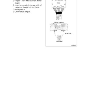 Puede incluir: Diagrama de un procedimiento de prueba de componentes el&eacute;ctricos. La imagen incluye un diagrama de cableado con etiquetas como "CN-52 Female" y "Mult&iacute;metro". Las instrucciones de texto detallan la comprobaci&oacute;n del voltaje y el uso de un mult&iacute;metro.