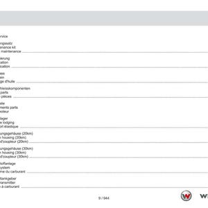 May include: A page from a manual with the title "Contents" in English, German, and French. The table of contents lists various service and engine components, including lubrication, oil drain, and fuel system.