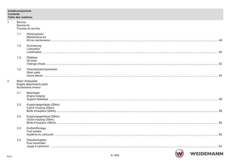 May include: A page from a manual with the title "Contents" in English, German, and French. The table of contents lists various service and engine components, including lubrication, oil drain, and fuel system.
