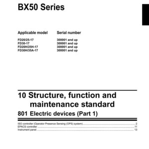 May include: Shop manual for a BX50 Series forklift truck. The document includes sections on applicable models, serial numbers, structure, function, maintenance standards, and electric devices. The Komatsu logo is visible.