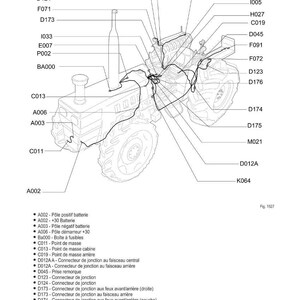 Może przedstawiać: Schemat elektryczny ciągnika z opisami w języku francuskim. Diagram przedstawia elementy takie jak złącza, bezpieczniki i światła, oznaczone kodami takimi jak "F090" i "D173".
