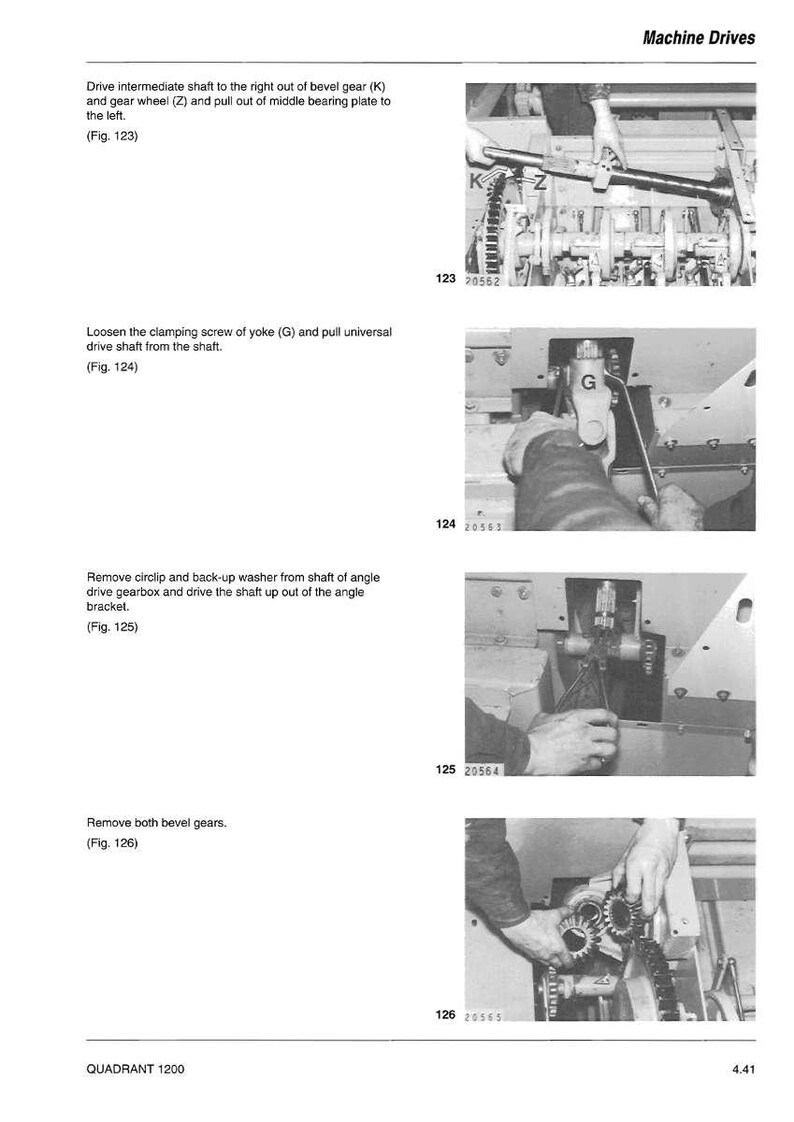 May include: A page from a manual titled "Machine Drives" with instructions and diagrams for mechanical components. The images show close-ups of gears, shafts, and other machine parts. Text includes "Drive intermediate shaft" and "Remove both bevel gears."