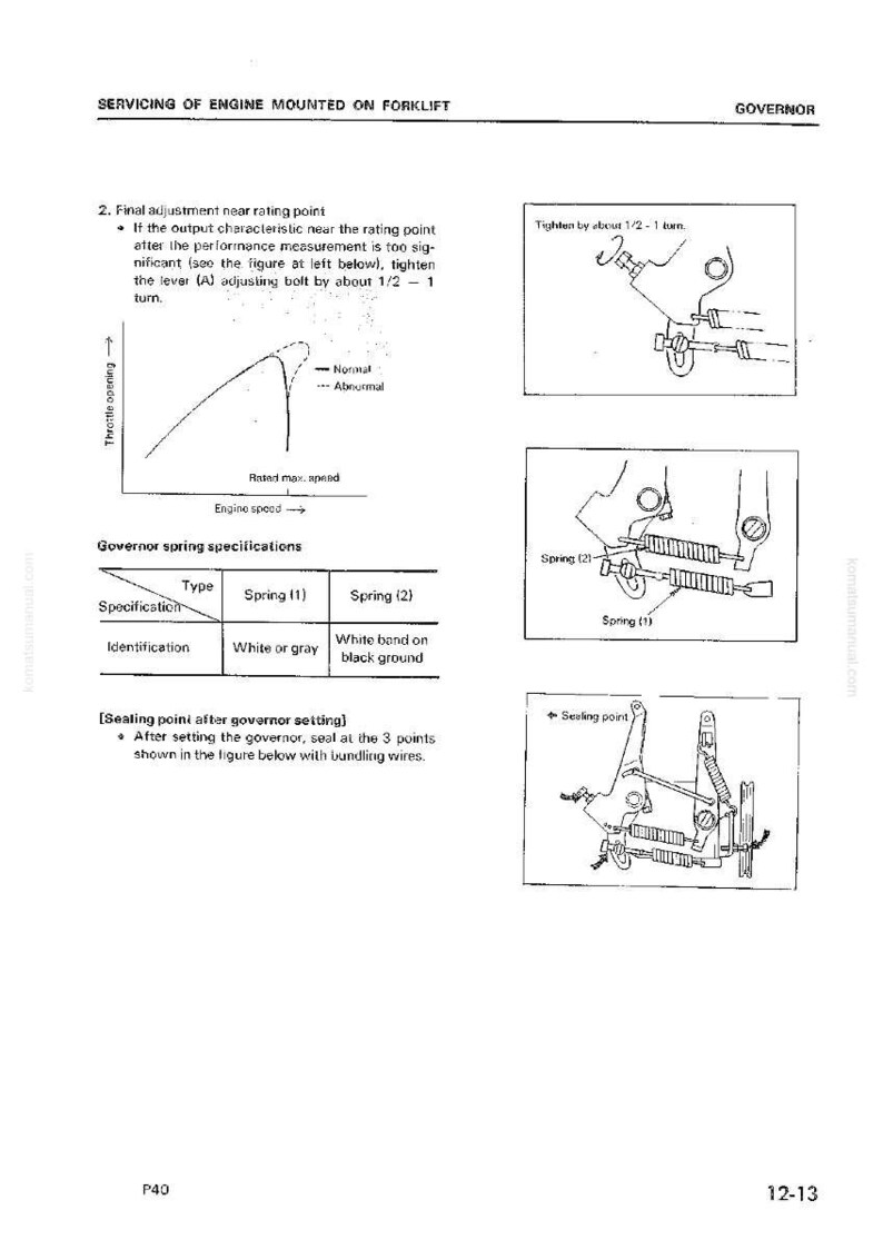 May include: Diagram from a manual detailing the servicing of an engine on a forklift. The image includes illustrations of engine parts, a graph of throttle opening against engine speed, and governor spring specifications.