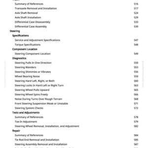 May include: A page from a manual with a table of contents. The headings include Axle Components, Steering, Diagnostics, and Brakes. The text is black on a white background, with page numbers on the right.