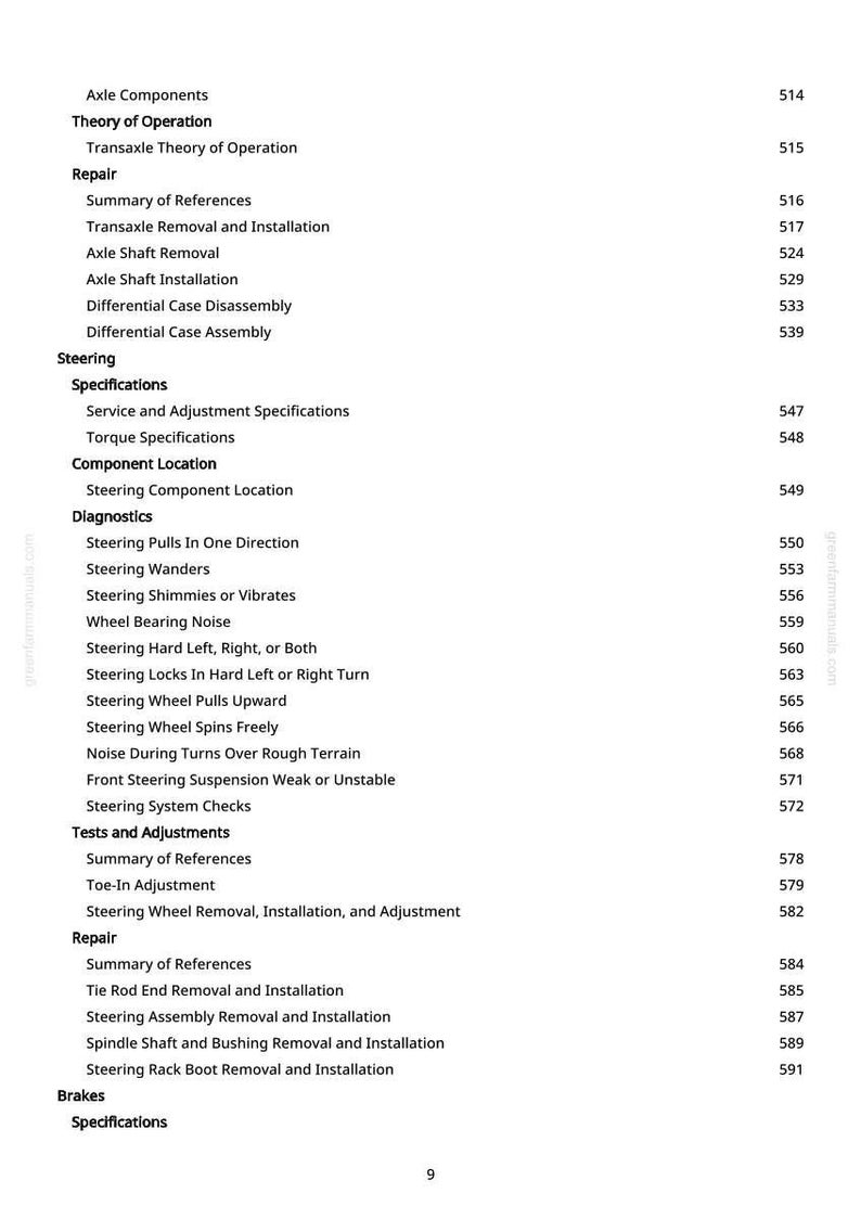 May include: A page from a manual with a table of contents. The headings include Axle Components, Steering, Diagnostics, and Brakes. The text is black on a white background, with page numbers on the right.