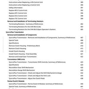 Puede incluir: Una p&aacute;gina blanca con un &iacute;ndice detallado de unidades de control electr&oacute;nico, transmisi&oacute;n y sistemas de embrague. El texto incluye t&iacute;tulos de secciones, subt&iacute;tulos y n&uacute;meros de p&aacute;gina.