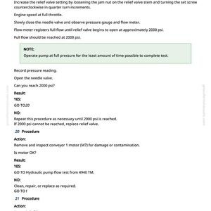 May include: A page from a manual with instructions for testing equipment. The text includes steps for engine speed, valve adjustments, and pressure readings. The page also includes a note about operating the pump at full pressure.