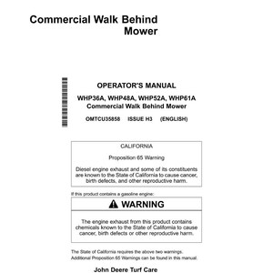 Puede incluir: Un manual del operador blanco para una cortadora de c&eacute;sped comercial con conductor a pie. El manual incluye advertencias sobre los gases de escape de los motores di&eacute;sel y de gasolina. El manual es de John Deere Turf Care.