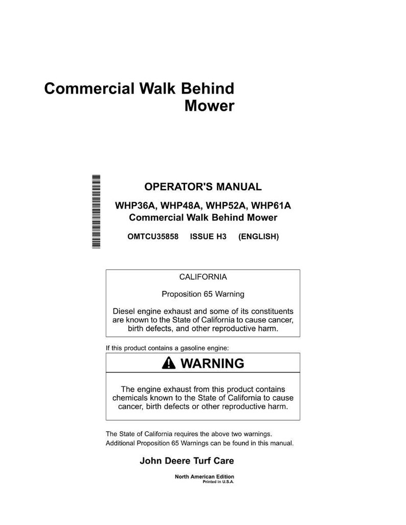 Puede incluir: Un manual del operador blanco para una cortadora de c&eacute;sped comercial con conductor a pie. El manual incluye advertencias sobre los gases de escape de los motores di&eacute;sel y de gasolina. El manual es de John Deere Turf Care.