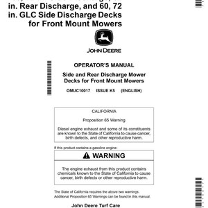 May include: A white document with black text detailing side and rear discharge mower decks for front mount mowers. The document includes a warning about diesel engine exhaust and gasoline engines.