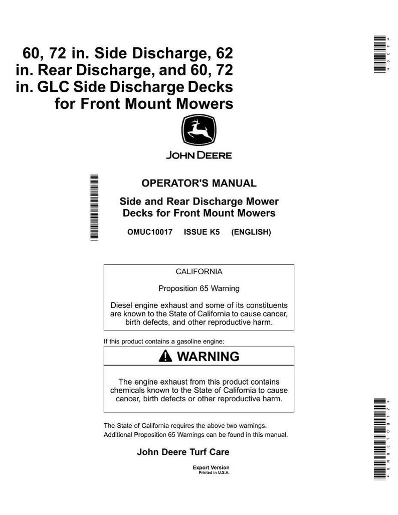 May include: A white document with black text detailing side and rear discharge mower decks for front mount mowers. The document includes a warning about diesel engine exhaust and gasoline engines.