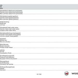 May include: A page from a manual with the title "Table of Contents" in English, German, and French. The page lists various engine parts, including cylinder blocks, valves, and gaskets, with corresponding page numbers.