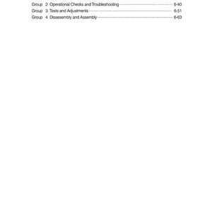 Peut inclure: Une page blanche avec le titre "SECTION 6 WORK EQUIPMENT" en haut. En dessous, une liste de quatre groupes : Structure et Fonction, Contr&ocirc;les op&eacute;rationnels et d&eacute;pannage, Tests et r&eacute;glages, et D&eacute;montage et assemblage, avec les num&eacute;ros de page.