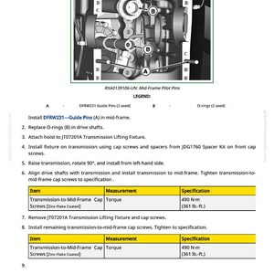 May include: Technical diagram detailing transmission installation, with instructions for guide pins, O-rings, and cap screws. Torque specifications are provided at 490 N-m (361 lb.-ft.). Includes a parts list and numbered steps.
