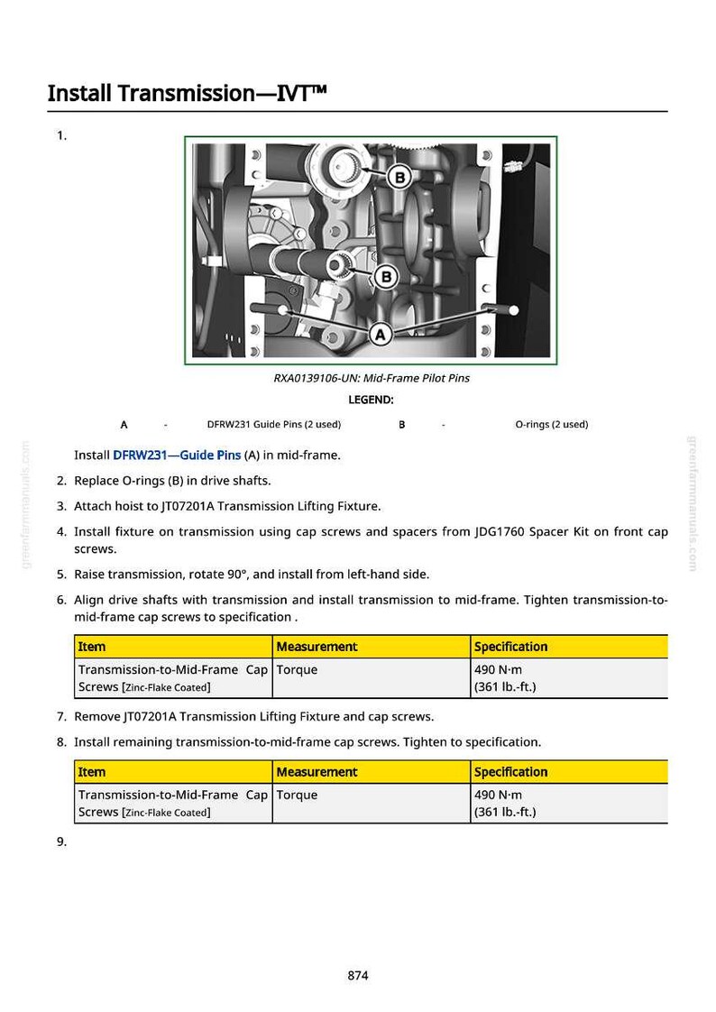 May include: Technical diagram detailing transmission installation, with instructions for guide pins, O-rings, and cap screws. Torque specifications are provided at 490 N-m (361 lb.-ft.). Includes a parts list and numbered steps.