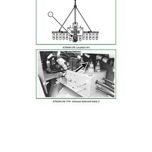 Puede incluir: Diagrama y foto de una electrov&aacute;lvula de escape. El diagrama es un esquema con etiquetas. La foto muestra la v&aacute;lvula instalada en una m&aacute;quina. El texto incluye "Y74 - Exhaust Solenoid Valve 2".