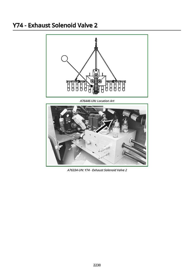 Puede incluir: Diagrama y foto de una electrov&aacute;lvula de escape. El diagrama es un esquema con etiquetas. La foto muestra la v&aacute;lvula instalada en una m&aacute;quina. El texto incluye "Y74 - Exhaust Solenoid Valve 2".