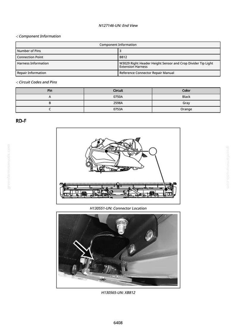May include: Diagram of an end view component, labeled N127146-UN, with detailed information on pins, circuits, and harness information. Includes close-up images of connector locations and circuit codes, with color-coded wiring details.