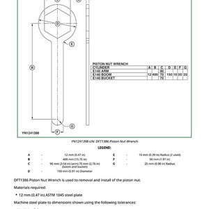 May include: Technical diagram of a DFT1386 Piston Nut Wrench, with dimensions in inches and millimeters. The diagram includes a wrench outline, labeled parts, and a legend detailing measurements and materials. The text indicates the wrench is for removing and installing piston nuts.