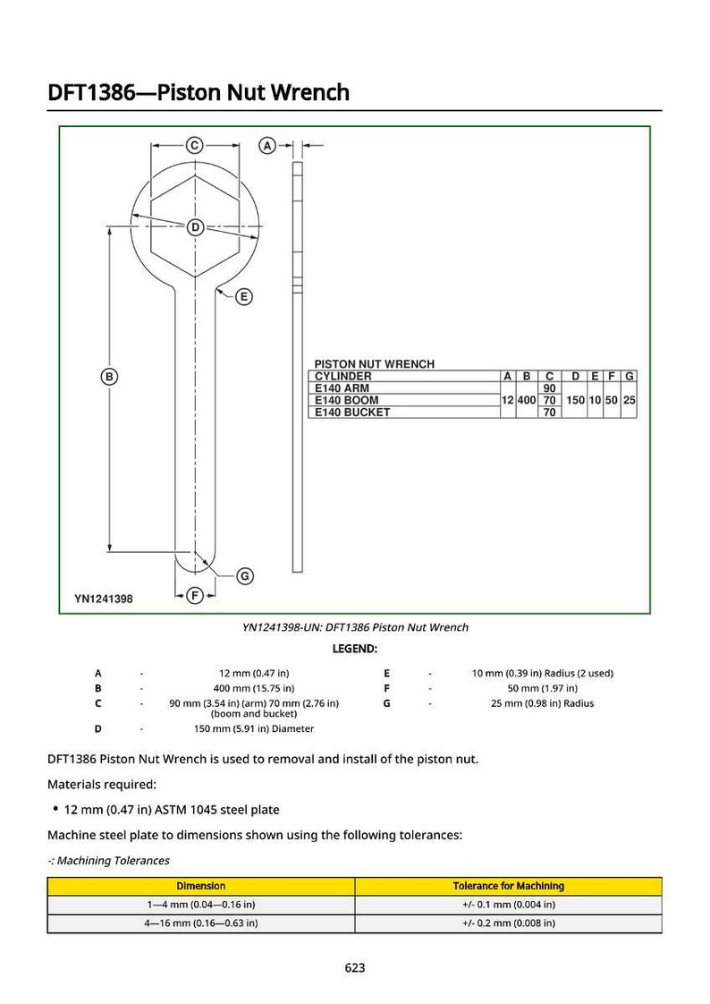 May include: Technical diagram of a DFT1386 Piston Nut Wrench, with dimensions in inches and millimeters. The diagram includes a wrench outline, labeled parts, and a legend detailing measurements and materials. The text indicates the wrench is for removing and installing piston nuts.