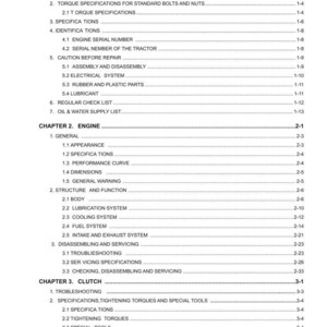 May include: A page from a manual titled "CONTENTS" with a black header. The table of contents lists chapters on general information, engine, and clutch, with subtopics like specifications and troubleshooting.